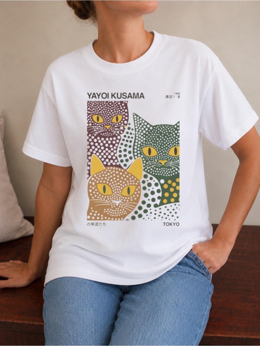 Yayoi Kusama Cat Unisex Tee Japanese Art Polka Dot Graphic T-Shirt